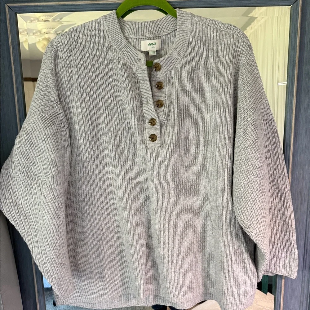 Aerie Light Gray women’s Henley Crewneck Sweater - Picture 1 of 6